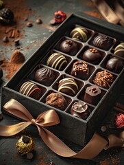 Aufkleber - Elegant box of chocolate truffles adorned with a ribbon in rich dark colors for a luxurious presentation. Generative AI