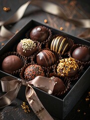 Aufkleber - Luxurious box of assorted chocolates with rich dark colors and ribbons on a table. Generative AI