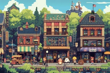 Fototapete - A pixel art scene of a bustling city filled with adorable characters