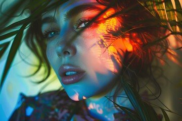 Poster - Mesmerizing portrait of a woman surrounded by vibrant neon light and tropical plants