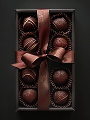 Aufkleber - Elegant box of chocolate truffles adorned with a decorative bow, showcasing high detail and rich dark colors. Generative AI
