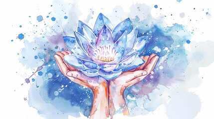 Wall Mural - Hands holding a blooming lotus flower in watercolor style. Gentle hands cupping a colorful lotus in aquarelle. Concept of serenity, meditation, nature, spirituality, zen. Watercolor art