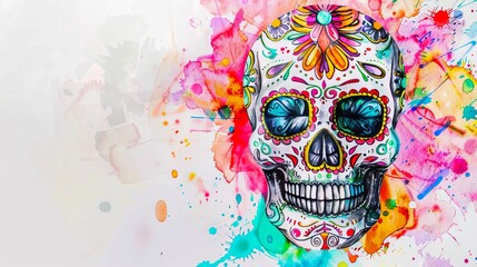 Wall Mural - Colorful sugar skull with vibrant floral patterns and splashes of watercolor on white background. Concept of Dia de los Muertos, Day of the Dead. Halloween, Mexican tradition, celebration. Copy space