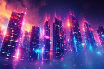 Aufkleber - A bustling city skyline with towering skyscrapers and busy streets