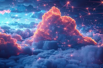 Poster - Vibrant digital artwork of clouds and network lines symbolizing connectivity and cloud computing