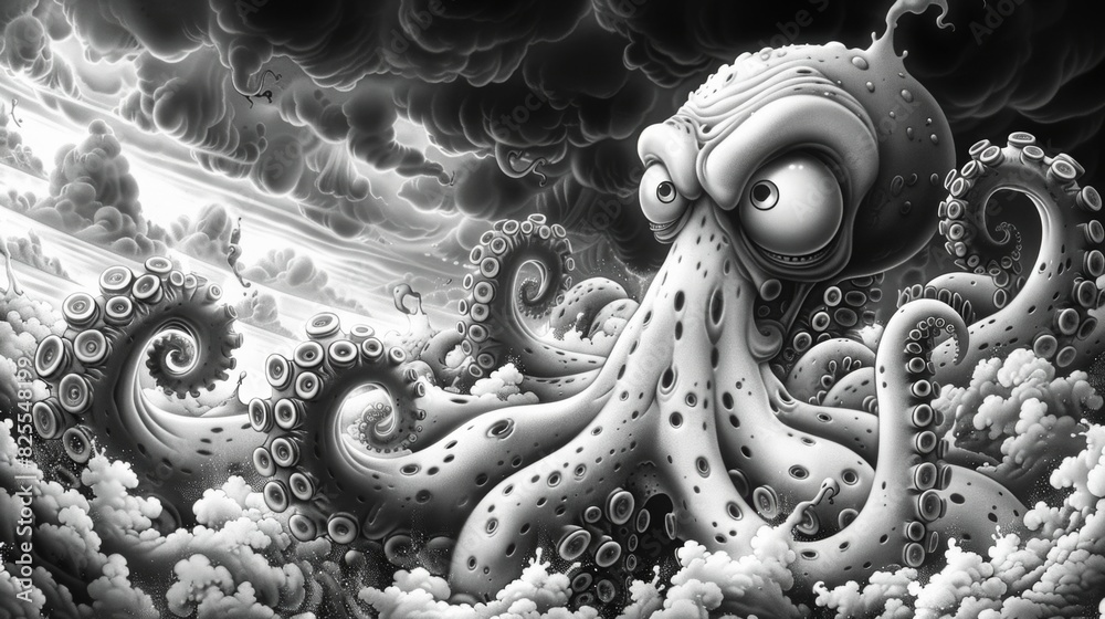 A black and white drawing of an octopus in the clouds, AI Stock ...