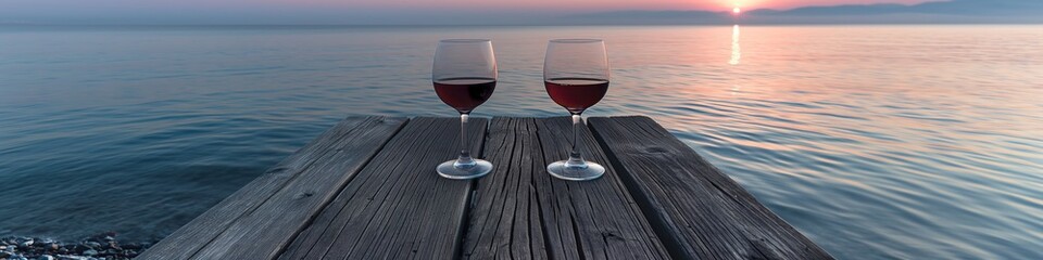 Sticker - glass of wine on a wooden pier