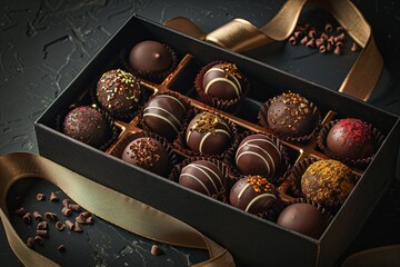 Aufkleber - Elegant box of chocolate truffles adorned with a ribbon, showcasing rich dark colors in a luxurious presentation. Generative AI