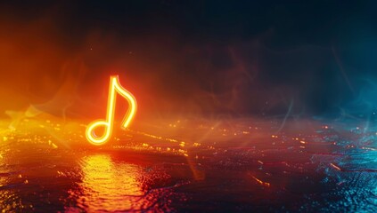 music note glowing on dark background, illuminated with neon light, musical symbol floating in the air, isolated, orange and yellow colors Generative AI