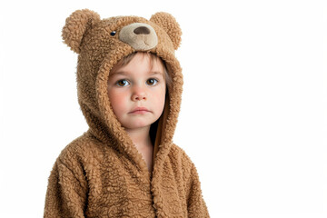 Wall Mural - A shy child in a bear onesie, isolated from the backdrop, cropped from the background, without background. Concept of innocence and timidity. Generative Ai.