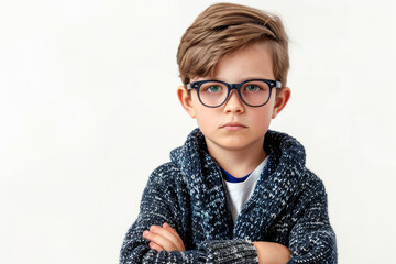 Poster - A studious boy in glasses and a cardigan, extracted from the backdrop, isolated from the background, with no background. Concept of intellectual curiosity and learning. Generative Ai.