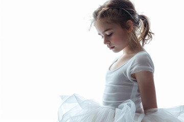Wall Mural - A bashful girl in a tutu skirt, isolated from the backdrop, cropped from the background, with no background. Concept of innocence and grace. Generative Ai.