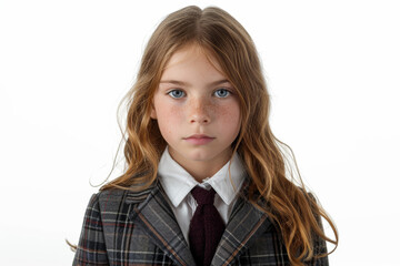 Poster - a contemplative girl in a school uniform, standing against a plain backdrop, removed from the backgr