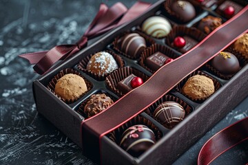Aufkleber - An elegant box of assorted chocolate truffles with decorative ribbons, placed on a table. Generative AI