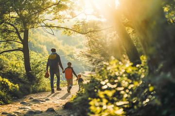 Happy parents and children hiking together in nature reserve, sunlight filtering through trees.