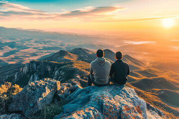Wall Mural - Hispanic father and son watching the sunset from a mountain peak after a hike.