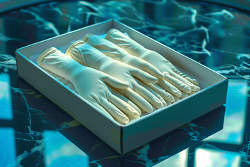 Poster - A box of disposable medical gloves laid flat on a featureless surface, essential for maintaining sterile conditions during procedures. Concept of medical gloves and infection control. Generative Ai.