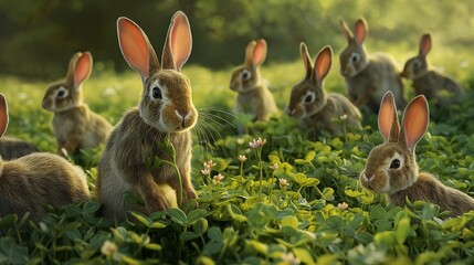 Wall Mural - A group of playful rabbits hopping through a lush green meadow, their fluffy tails bobbing in the breeze as they nibble on fresh clover and wildflowers. 32k, full ultra hd, high resolution