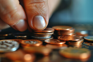 Poster - A person counting coins in their hand, symbolizing frugality and careful money management. Concept of financial thriftiness and savings. Generative Ai.