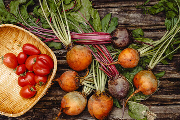 Wall Mural - Colorful rainbow beets. Golden, pink and purple beets on the open air. Organic vegetables.