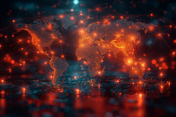 Poster - A network of interconnected lines and dots on a world map, symbolizing the interconnectedness of global trade and communication. Concept of global connectivity and networking. Generative Ai.