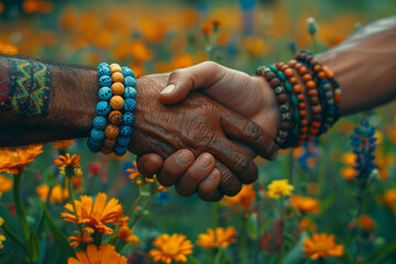 Poster - A person's hand reaching out to shake hands with someone from a different cultural background, symbolizing global friendship and unity. Concept of global solidarity and camaraderie. Generative Ai.