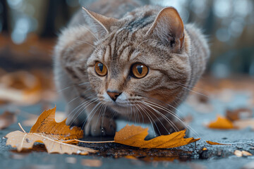 Wall Mural - A cat curiously pawing at a fallen leaf. Concept of playfulness and nature. Generative Ai.