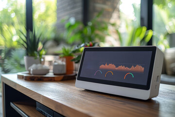 Poster - indoor air quality monitor displaying real-time data in a minimalist apartment. concept of awareness