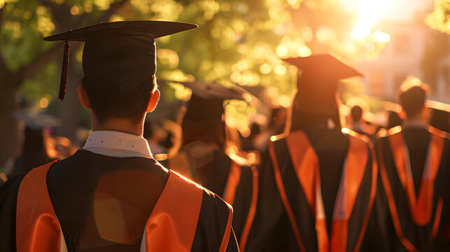 A group of graduates in caps and gowns walk towards the sunset, symbolizing the end of their academic journey and the beginning of new opportunities