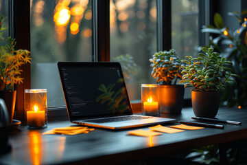 Poster - Monochrome laptop on a desk surrounded by bright yellow post-it notes. Concept of productivity and organization. Generative Ai.