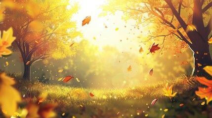 Wall Mural - Beautiful autumn landscape with yellow trees and sun