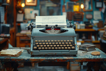 Poster - Black and white typewriter on a desk adorned with colorful stationery. Concept of creativity and writing. Generative Ai.