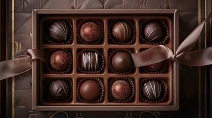 Aufkleber - Elegant box of chocolate truffles adorned with a ribbon, showcasing high detail and rich dark colors. Generative AI