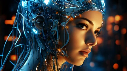 Poster - close up view of futuristic female robot looking at camera in neon light