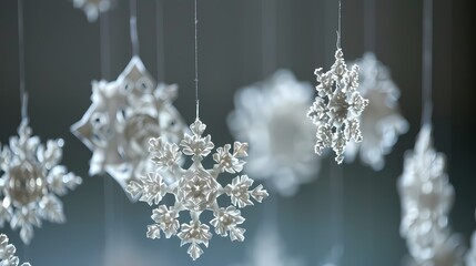 Wall Mural - Intricate origami snowflakes delicately hanging from a thread, catching the light in a mesmerizing way