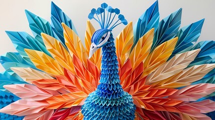 Wall Mural - Intricately folded origami peacocks displaying their vibrant plumage, each feather meticulously crafted from colorful paper