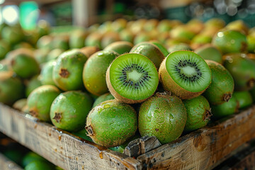 Sticker - A mound of fuzzy kiwifruits piled high in a rustic market stall, their emerald green flesh promising a tart and tangy delight. Concept of exotic market. Generative Ai.