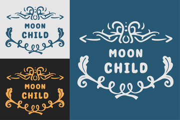 Wall Mural - Moon child lettering badge emblem poster design. Groovy retro vintage style. Spiritual girls aesthetic quotes. Witchy text for t-shirt design and print vector.