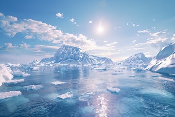 Aufkleber - A large body of water surrounded by towering icebergs in a cold Arctic landscape. Generative AI