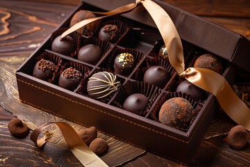 Aufkleber - Elegant box of chocolate truffles with ribbons on a wooden table. Generative AI