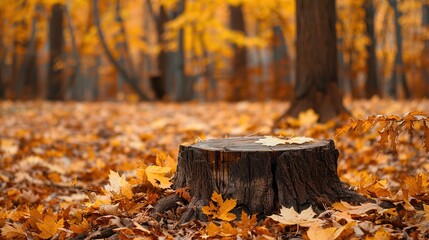 Wall Mural - Autumn bliss in the forest: a serene tree stump surrounded by vibrant golden leaves