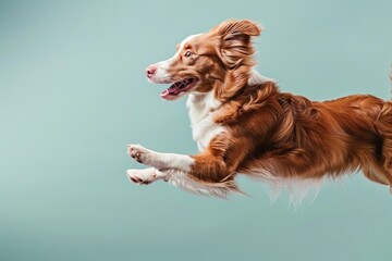 Wall Mural - Nova Scotia Duck Tolling Retriever dog Jumping and remaining in mid-air, studio lighting, isolated on pastel background, stock photographic style