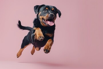 Wall Mural - Rottweiler dog Jumping and remaining in mid-air, studio lighting, isolated on pastel background, stock photographic style