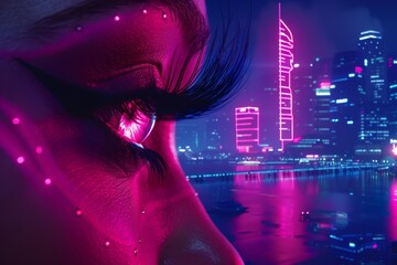 Sticker - Digital dreams captured in a vibrant pink eye reflecting a neon cityscape, illustrating urban fantasy themes