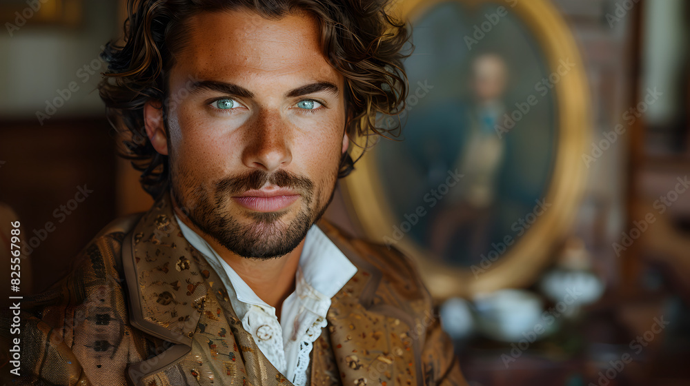 Close-up Portrait of a Man with a Mustache and Brown Hair Looking ...