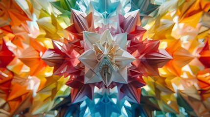 Wall Mural - Origami figures arranged in a kaleidoscopic pattern, creating a mesmerizing display of color and geometry