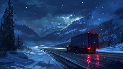 modern semitruck driving at night on summer highway digital painting