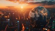 © Mentari - World Environment Day concept with a blue earth globe on a city background at sunset. International Project Management Day concept. Global business collaboration. International business. Globalization