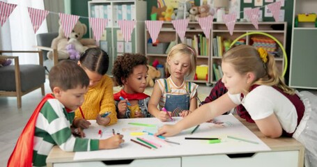 Aufkleber - Children, group and friends or drawing in classroom for creativity education, teamwork or project. Boys, girls and coloring pencil at desk for back to school art lesson or development, talk or youth