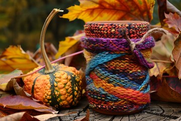 Sticker - Colorful knitted mug cozy wraps a jar amid vibrant autumn leaves with pumpkins